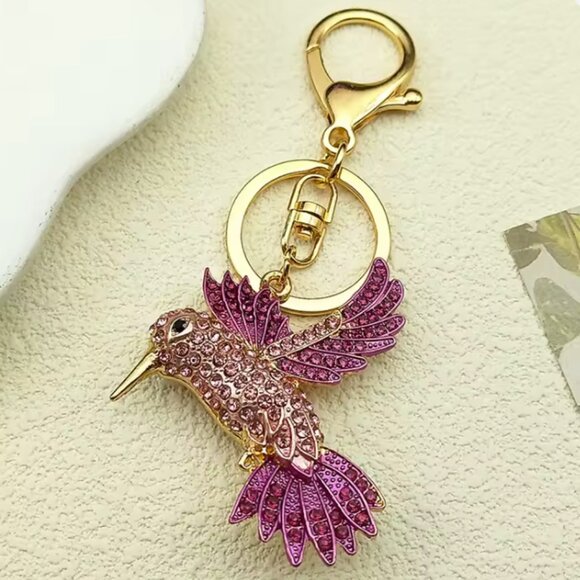 Green Hummingbird Keychain for Women Men Rhinestone Gold Color Alloy Animal Bird - Picture 8 of 13